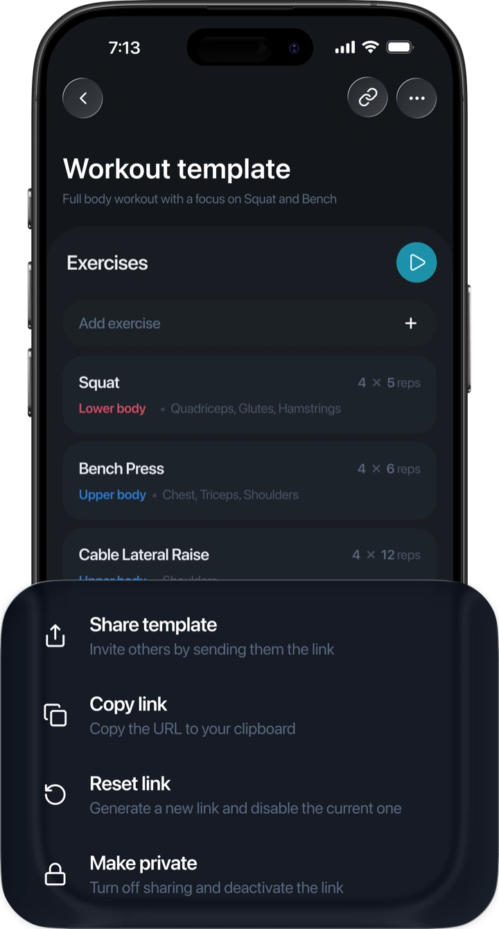 Alkeo workout template with sharing options to send, copy, reset, or privatise its link